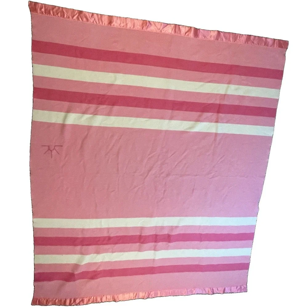 Vtg Baron Woolen Mills Wool Blanket Pink White Stripe Satin Trim 70